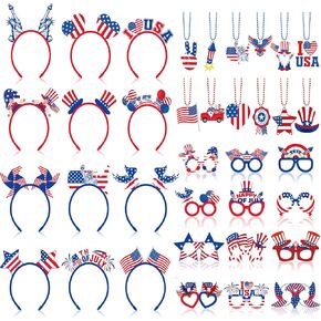 36 Pcs 4th of July Accessories Bulk Patriotic Party Favors Set Felt Headband Eyeglasses Beaded Necklaces Independence Day Costume Accessories for Memorial Day Parades Party Decoration