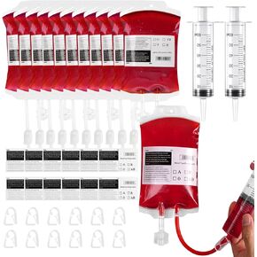 12 Pack Halloween Blood Bag Drink Containers, Reusable IV Blood Bags Pouches for Vampire Cosplay, Nurse, Medical, Horror Party Decorations, Doctor Nursing/RN Graduation, 12 Fl. Oz. Each + 2 Syringes