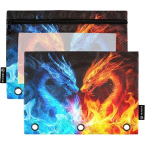 Water and Fire Dragon Pencil Pouch for 3 Ring Binder 2 Pack Clear Window Pencil Bags with Zipper Pencil Case for School Class Office College Supplies