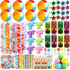 124PCS Pool Beach Party Favors for Kids 3-12 Summer Bag Stuffers, Hawaiian Toy Gifts, Birthday Party Supplies, Hawaiian Leis, Water Guns, Beach Ball, Sunglasses, Handheld Water Ring Games, Water Balls