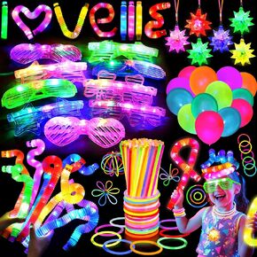 176Pcs Glow in the Dark Party Supplies, Light Up Birthday Party Favors with LED Glasses Glow Sticks Bulk Neon Balloon LED Pop Tube Flashing Star Necklaces, Kids Adults Neon Party Supplies Decor