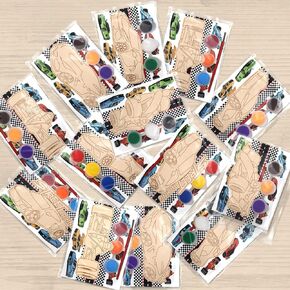QICI Race Car Party Favors - 12 PCS Race Car Birthday Party Supplies - Large Racing Cards with Wood Painting Crafts Bulk - Thank You for Coming Gifts for Kids Boys Girls Toddler