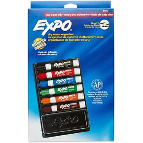 EXPO 1785294 Low-Odor Dry Erase Set, Chisel Tip, Assorted Colors, 5-Piece with Recycled Material Marker Caddy