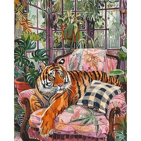Tiger Lounging on Armchair Paint by Number Cute Animal Retro Painting DIY Painting on Canvas with Brushes Acrylic Paints Paint by Numbers for Adults and Beginner DIY Kit 16x20 Inch (without Frame)
