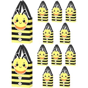 Liobelon 12 Pieces Bee Candy Gift Boxes with Handles, 4.7x3.5x1.7 Candy Containers, Reusable Goodie Bags for Baby Showers Weddings Birthday Party Favors, 12x9x4.5cm