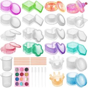 Reallnaive 46 Pcs Resin Jar Molds with Lids Silicone Storage Box Mould Epoxy Molds for DIY Crafts Jewelry Boxes Trinket Containers Includes Crown Heart Hexagon Round Flower Shapes with Mica Powder