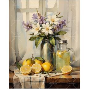 Still Life Paint by Numbers Kit for Adults - DIY Lemons and Flowers by Window Painting on Canvas 16x20 Inches, Acrylic Paint Set, Suitable for Beginners, Art for Home Decor or Gifts