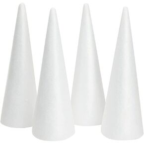 Foam Tree Cones for DIY Crafts, White Polystyrene (4.5 x 13.5 in, 4 Pack)