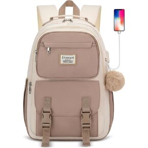 Women Laptop School Backpack for Girls: 15.6" Cute Bookbag for Teen Students with USB Charging Port Anti-Theft College Back Pack Stylish Middle High School Book Bag Causal Travel Daypack Khaki Beige