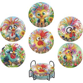 6 Pcs Chicken Diamond Art Coasters with Holder, DIY Small Diamond Art Coasters Set, Non Slip Diamond Painting Kits, DIY Art Crafts Projects Small Painting Kits for Beginners 4x4 Inch