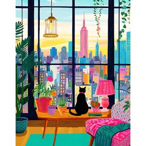 Jigsaw Puzzle 1000 Piece for Adults, Cat in New York, Colorful Challenging Art Puzzle for Woman and Cat Lovers, Poster Included