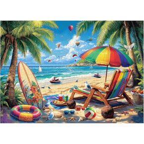 Beach Puzzles for Adults 1000 Pieces, PICKFORU Vintage Summer Puzzle Lounge Chair Beach Vacation, Difficult Seaside Puzzles for Adults, Colorful Art Puzzle as Wall Decor