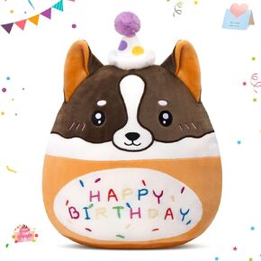 Athoinsu 12" Happy Birthday Dog Plush Pillow Cute Stuffed Animal Soft Kawaii Birthday Plushie Pillows Home Room Decoration Gifts for Toddlers Kids Girls