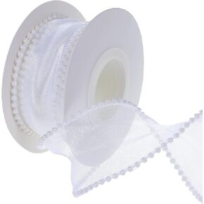 5 Yards 1.5 Inch Sheer Wired Ribbon, White Faux Pearl Edge Organza Smooth Ribbon Fishtail Sheer Transparent Ribbons for Wedding Flower Christmas Tree Decoration Sewing Craft Packaging
