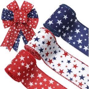 Patriotic Star Wired Edge Ribbon Red Blue White Star Ribbon 4th of July Independence Day Fabric Ribbon for Wreath Bow Making DIY Crafts Wrapping, 3 Rolls, 18 Yard