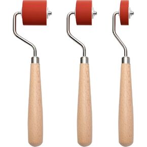 3 Pcs Rubber Brayer Roller with Wooden Handle, 7.4 Inch Total Length, 0.39/0.78/1.18 Inch Roller Widths, High Elasticity Rubber for Smooth Paint Adhesion – Durable & Comfortable Grip