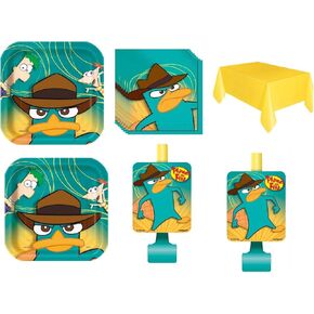 Phineas and Ferb Birthday Party Supplies Bundle Pack includes 16 Plates, 16 Napkins, 1 Table Cover, 16 Blowouts (Bundle for 16)