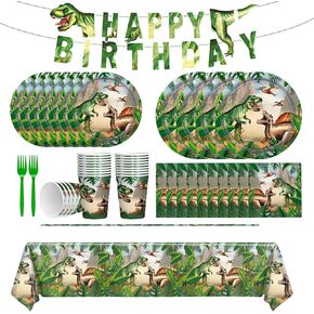Dinosaur Theme Birthday Party Supplies Dinosaur Party Decoration Includes Plates Napkins Cups Forks Dino Banner Table Cloths Tableware for Birthday, Serves 24 Guests Total 122 Pcs