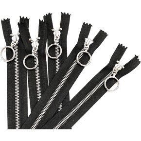 10pcs 9 Inch (23cm) #5 Black Special Ring Pull Silver Nickel Metal Teeth Close End Zippers Bulk for Sewing Crafts Bags Purse (9 Inch)