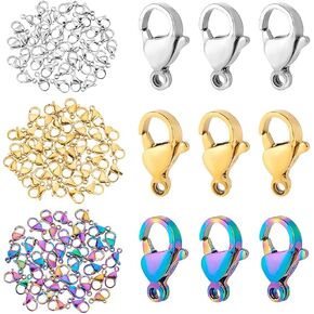 AHANDMAKER 120pcs Lobster Claw Clasps, 3 Colors Stainless Steel Jewelry Lobster Claw Clasps, Rainbow Color Fastener Hook End Chain Clasp for Necklace Bracelet DIY Jewelry Findings Making 12x7mm