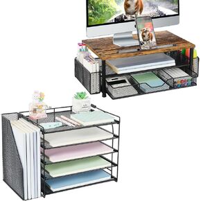 AUPSEN 2 Tier Computer Monitor Stands , Desk File Organizer with File Holder