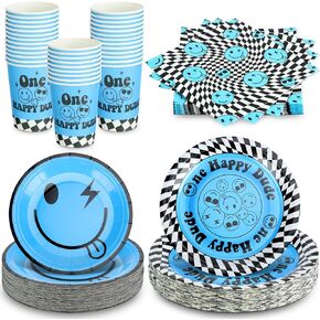 112 Pcs One Happy Dude Birthday Decorations Blue Smile Face Plates Inclued Paper Plates Cups Napkins Disposable Party Favors for Birthday Baby Shower Wedding Bachelor Party,Serves 28