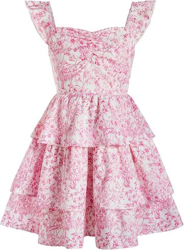 Girl's Floral Summer Dress Ruffle Shirred High Waist Dress Ruched Sweetheart A Line Spring Dress in Kuwait