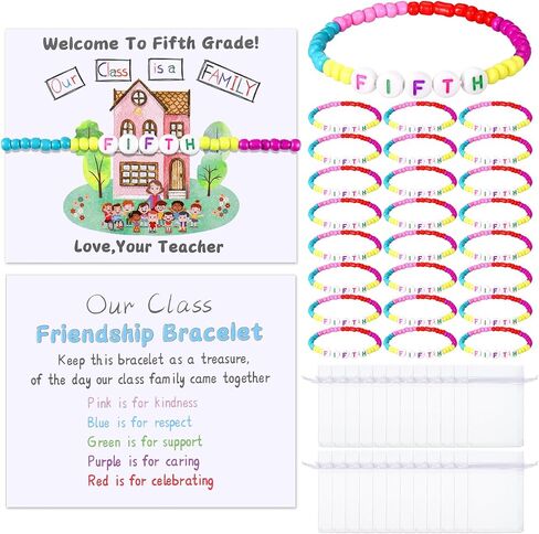 XunYee 24 Sets Back to School Gifts for Student Include Our Class Is a Family Greeting Card and First Day of School Bracelet with Bags Letter Bracelet for 1st Day of Classroom (First Grade) in Saudi Arabia