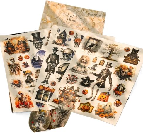 Halloween Rub On Transfer Stickers, 3 Sheets, Vintage Gothic Designs with Skeletons, Pumpkins and Haunted Houses in Saudi Arabia