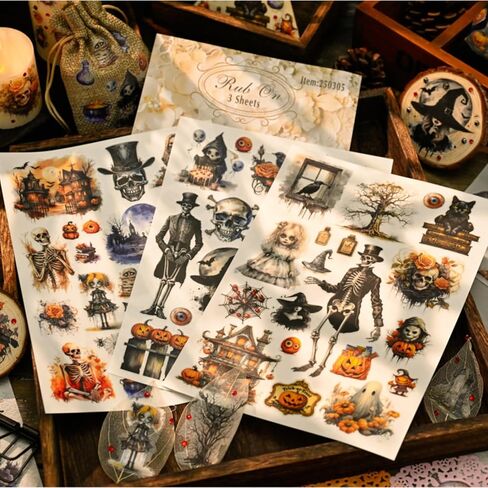 Halloween Rub On Transfer Stickers, 3 Sheets, Vintage Gothic Designs with Skeletons, Pumpkins and Haunted Houses in Saudi Arabia