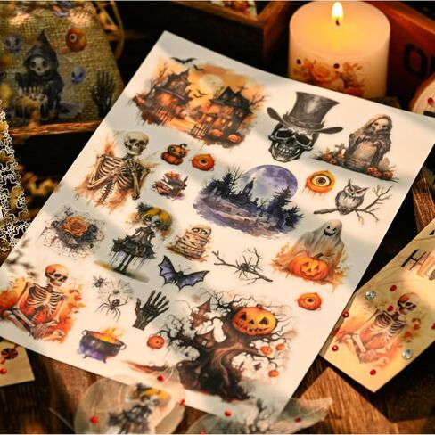 Halloween Rub On Transfer Stickers, 3 Sheets, Vintage Gothic Designs with Skeletons, Pumpkins and Haunted Houses in Saudi Arabia