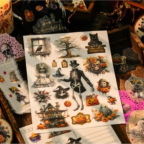 Halloween Rub On Transfer Stickers, 3 Sheets, Vintage Gothic Designs with Skeletons, Pumpkins and Haunted Houses in Saudi Arabia