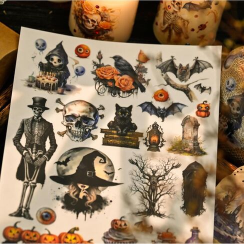 Halloween Rub On Transfer Stickers, 3 Sheets, Vintage Gothic Designs with Skeletons, Pumpkins and Haunted Houses in Saudi Arabia