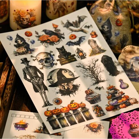 Halloween Rub On Transfer Stickers, 3 Sheets, Vintage Gothic Designs with Skeletons, Pumpkins and Haunted Houses in Saudi Arabia