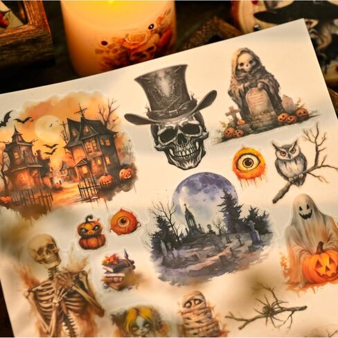 Halloween Rub On Transfer Stickers, 3 Sheets, Vintage Gothic Designs with Skeletons, Pumpkins and Haunted Houses in Saudi Arabia