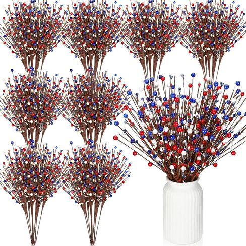 Cindeer 10 Pcs 4th of July Artificial Berry Stems Patriotic Day Artificial Berry Stem Spray Pick Memorial Day 16.14 Inch Red White Blue Berry Fruit Floral Bunch for Home Festival Office Decorations in Saudi Arabia