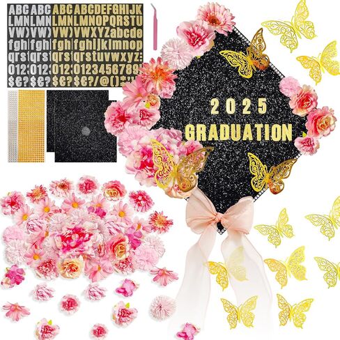 49 PCS Cap Cap Decorations Kit ، الزهور الاصطناعية المتنوعة ، أحجار الراين ، الملصقات الأبجدية وعدد الأرقام ، الفراشات والقوس لفئة Cap Topper Cap Topper من 2025 Supplies (Pink) in Saudi Arabia