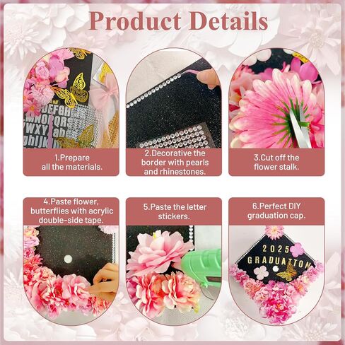 49 PCS Cap Cap Decorations Kit ، الزهور الاصطناعية المتنوعة ، أحجار الراين ، الملصقات الأبجدية وعدد الأرقام ، الفراشات والقوس لفئة Cap Topper Cap Topper من 2025 Supplies (Pink) in Saudi Arabia