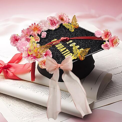 49 PCS Cap Cap Decorations Kit ، الزهور الاصطناعية المتنوعة ، أحجار الراين ، الملصقات الأبجدية وعدد الأرقام ، الفراشات والقوس لفئة Cap Topper Cap Topper من 2025 Supplies (Pink) in Saudi Arabia