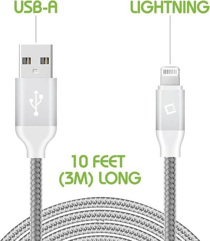 كابل شحن USB Lightning لأجهزة iPhone، كابل مضفر (مصنوع لهاتف iPhone) معتمد من Apple MFI (فضي بطول 10 أقدام) in Saudi Arabia