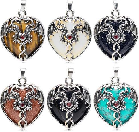 6 Pieces Crystal Dragon Pendants for Men Women Heart Shaped Alloy Dragon Inlay Design Natural Gemstone Quartz Charm for Jewelry Making Necklace in Saudi Arabia