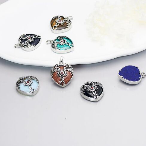 6 Pieces Crystal Dragon Pendants for Men Women Heart Shaped Alloy Dragon Inlay Design Natural Gemstone Quartz Charm for Jewelry Making Necklace in Saudi Arabia