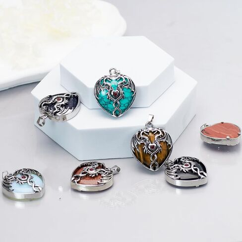 6 Pieces Crystal Dragon Pendants for Men Women Heart Shaped Alloy Dragon Inlay Design Natural Gemstone Quartz Charm for Jewelry Making Necklace in Saudi Arabia