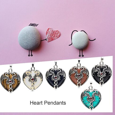 6 Pieces Crystal Dragon Pendants for Men Women Heart Shaped Alloy Dragon Inlay Design Natural Gemstone Quartz Charm for Jewelry Making Necklace in Saudi Arabia