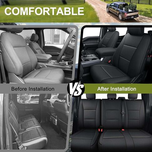 أغطية مقاعد ملائمة مخصصة لسيارة Ford F150: 2015 2016 2017 2018 2019 2020 2021 2022 F250/350 2017-2022 5 مقاعد مجموعة كاملة من أغطية مقاعد الشاحنة المصنوعة من الجلد الصناعي ووسادة هوائية متوافقة (تنطبق فقط على XL&XLT، أسود) in Saudi Arabia