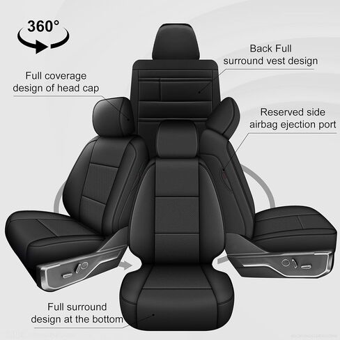 أغطية مقاعد ملائمة مخصصة لسيارة Ford F150: 2015 2016 2017 2018 2019 2020 2021 2022 F250/350 2017-2022 5 مقاعد مجموعة كاملة من أغطية مقاعد الشاحنة المصنوعة من الجلد الصناعي ووسادة هوائية متوافقة (تنطبق فقط على XL&XLT، أسود) in Saudi Arabia