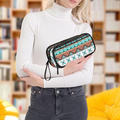 ZAZYXTJ Western Aztec Large Capacity Pencil Case 3 Compartment Pen Pouch Storage Canvas Makeup Bag for School Office Teen Girl Boy Men Women in Kuwait