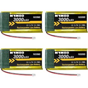 3.7V 3000mAh Lithium Rechargeable Battery 4 Pack, 1S 1C LiPo Battery for Arduino ESP32 Development Board with Micro JST 1.25 Plug and Insulated Rubber Tape