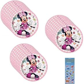Unique Minnie Mouse Birthday Party Supplies Bundle Pack includes 24 Dessert Cake Paper Plates - Bundle for 24 and 1 Dinosaur Sticker Sheet
