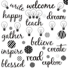 48 Pcs Black and White Classroom Decor Teach Mini Bulletin Board Set Script Words Stripes Polka Dots Bulb Cutouts Bulletin Board for Classroom Home School Decor Supply